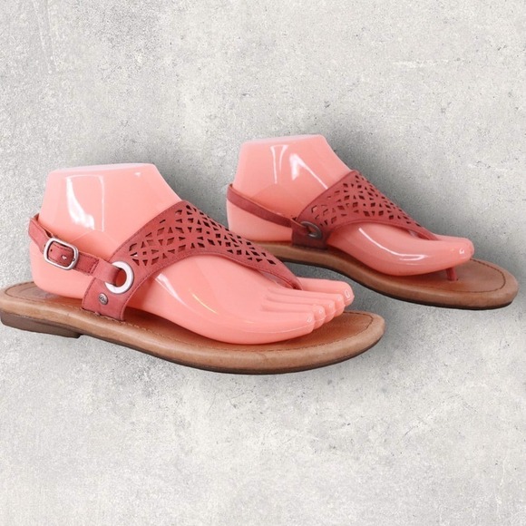 UGG Leather T-Strap Perforated Suede Sandals in Coral Women's Size 8 - Picture 3 of 9
